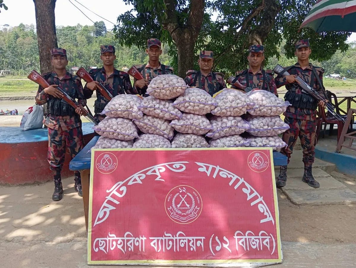 বরকলে বিজিবির অভিযানে ভারতে পাচারকালে বিপুল পরিমাণ রসুন আটক