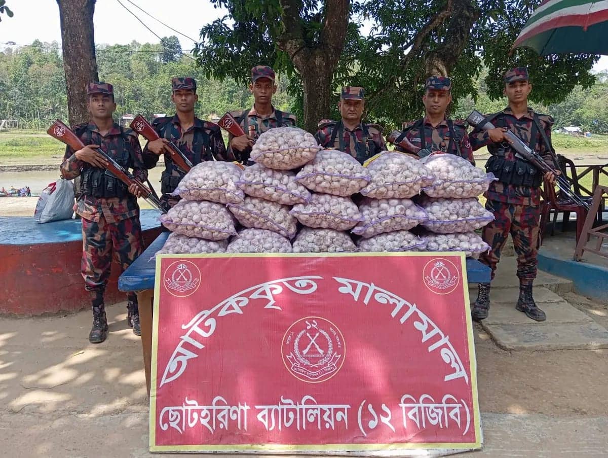বরকলে বিজিবির অভিযানে ভারতে পাচারকালে বিপুল পরিমাণ রসুন আটক